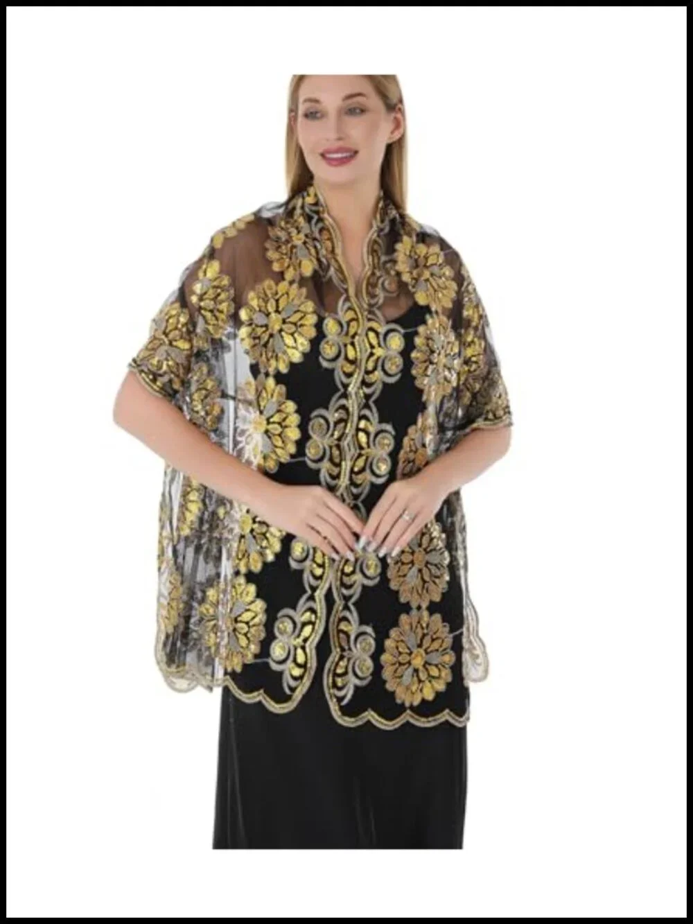 Sequin Floral Lace Sheer Chiffon Wrap Shawl for Evening Dress Wedding Party